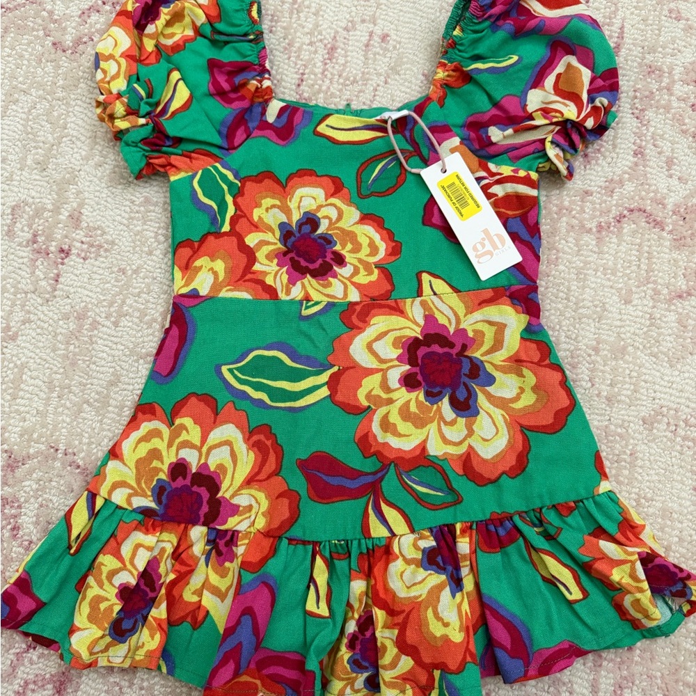Gianni Bini Green Floral Puff-Sleeve Dress with Multicolor Blooms